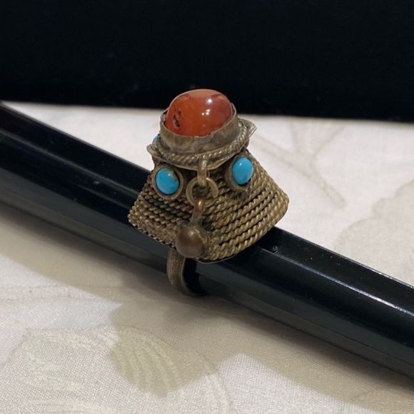 Antique Amber And Turquoise Brass Dome Ring - Picture 11 of 16